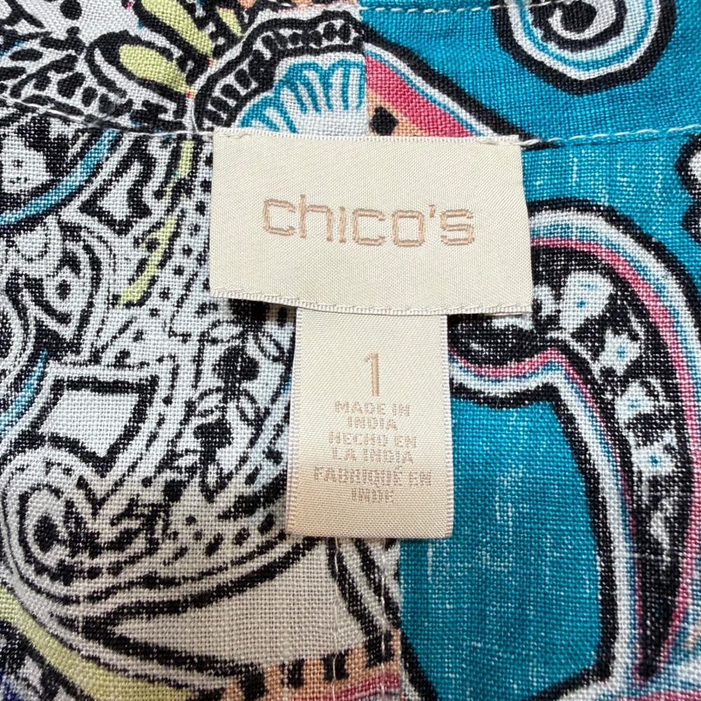 Chico's Paisley Linen Open Front Cardigan Size 8 Boho‎ Drape Lightweight Top - Picture 2 of 10